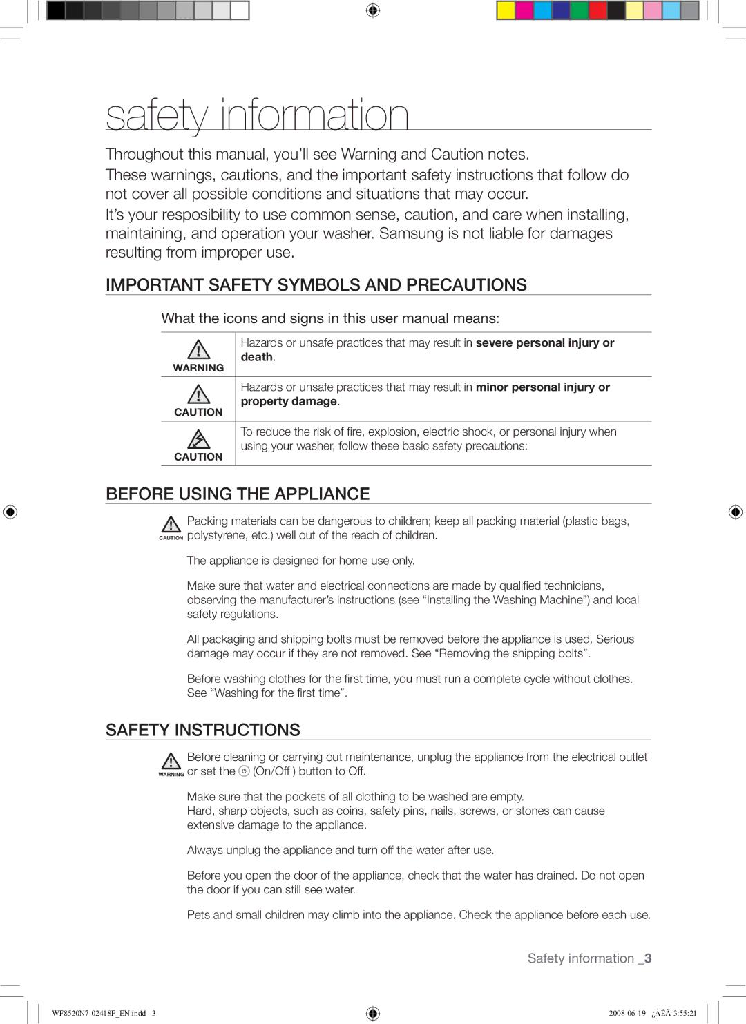 Samsung WF8528N7W/YLE manual Safety information, Important Safety Symbols and Precautions, Before Using the Appliance 