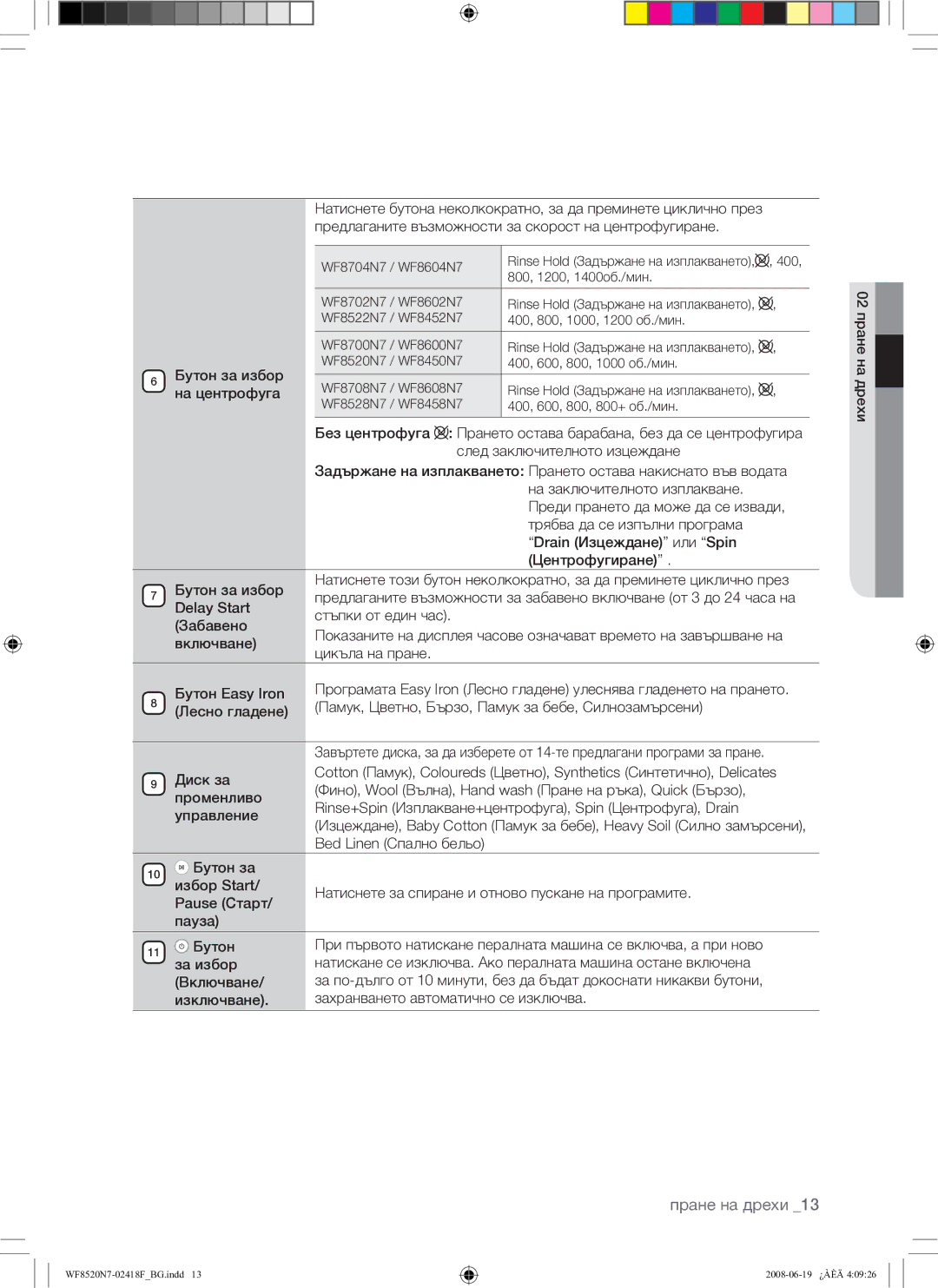 Samsung WF8528N7W/YLE, WF8520N7W/YLE manual На центрофуга, Центрофугиране Бутон за избор, За избор 