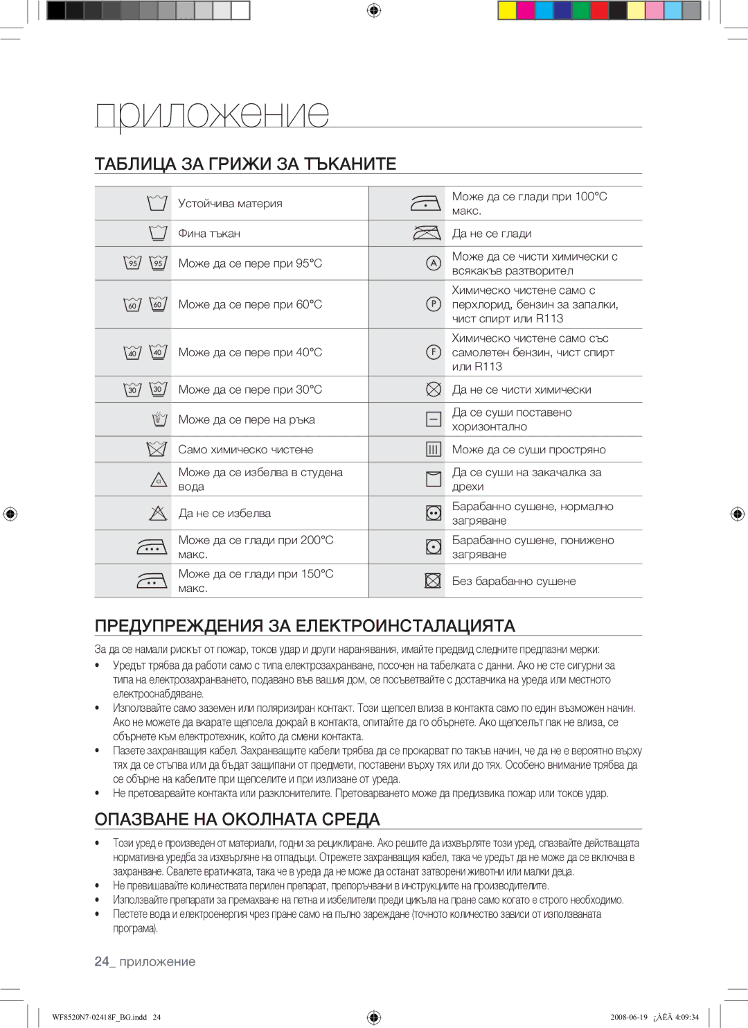 Samsung WF8520N7W/YLE, WF8528N7W/YLE manual Приложение, Таблица ЗА Грижи ЗА Тъканите, Предупреждения ЗА Електроинсталацията 