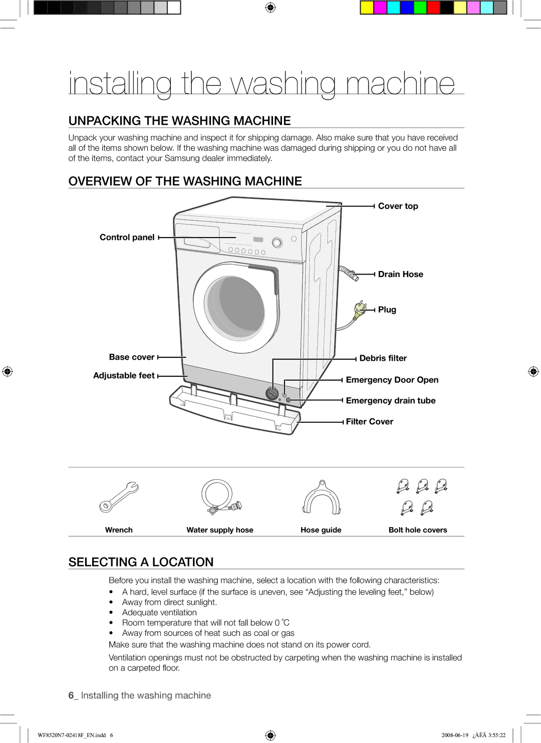 Samsung WF8520N7W/YLE manual Installing the washing machine, Unpacking the Washing Machine, Overview of the Washing Machine 