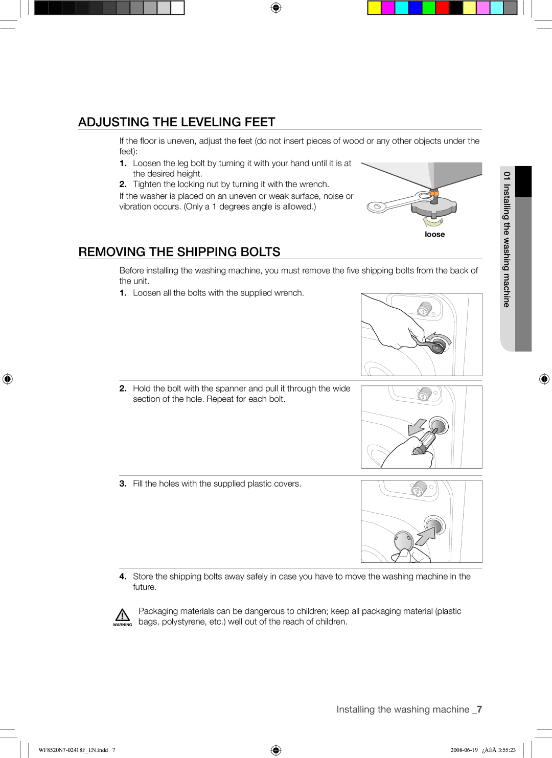 Samsung WF8528N7W/YLE, WF8520N7W/YLE manual Adjusting the Leveling Feet, Removing the Shipping Bolts 