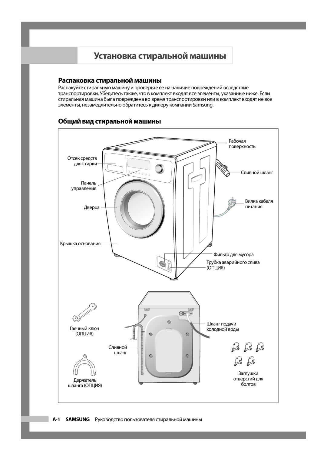 Samsung WF8522S9P/YLR manual Установка стиральной машины, Распаковка стиральной машины, Общий вид стиральной машины 