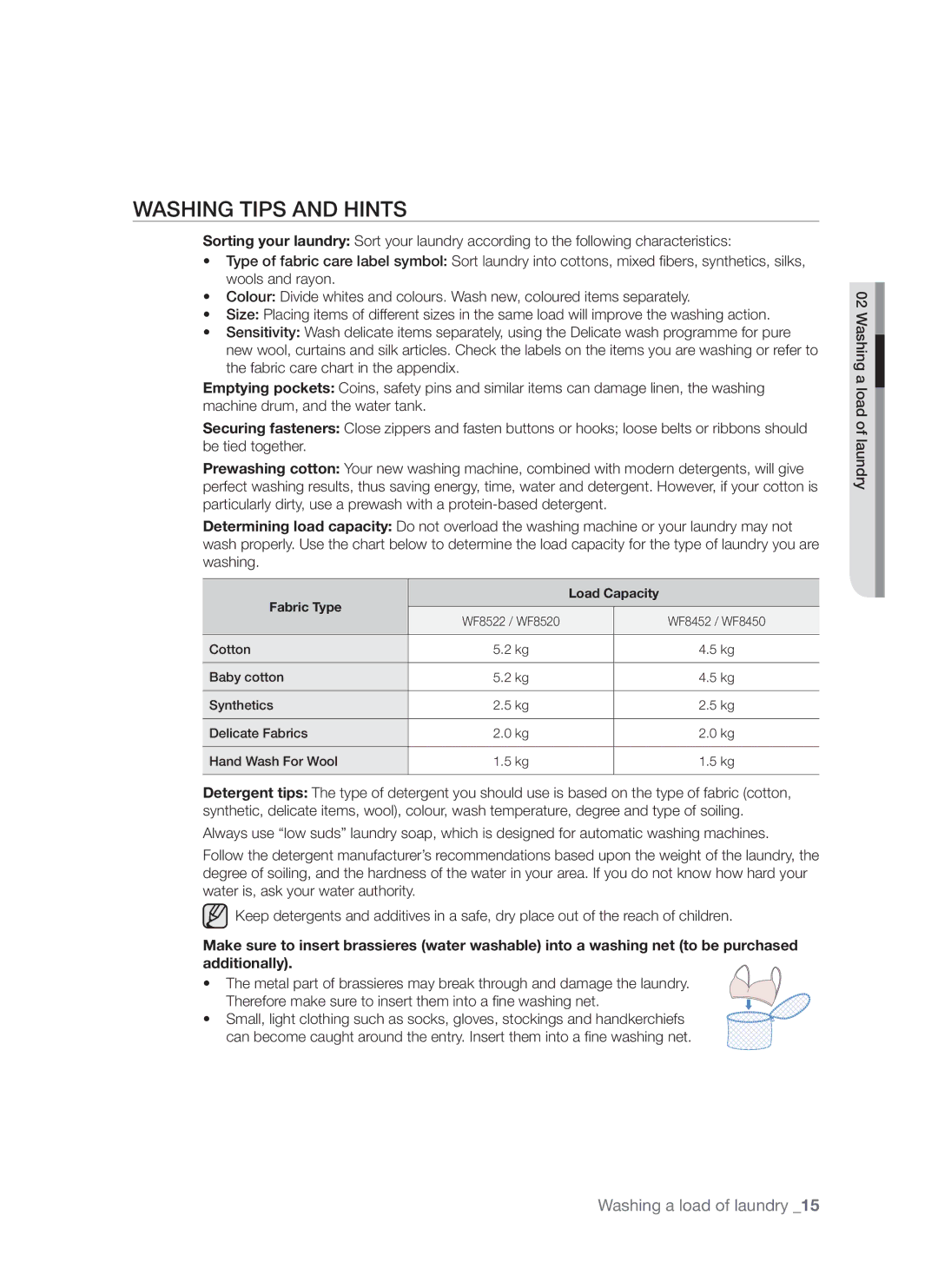 Samsung WF8452S9P/YLR, WF8522S9P/YLR manual Washing Tips and Hints, Fabric Type Load Capacity 