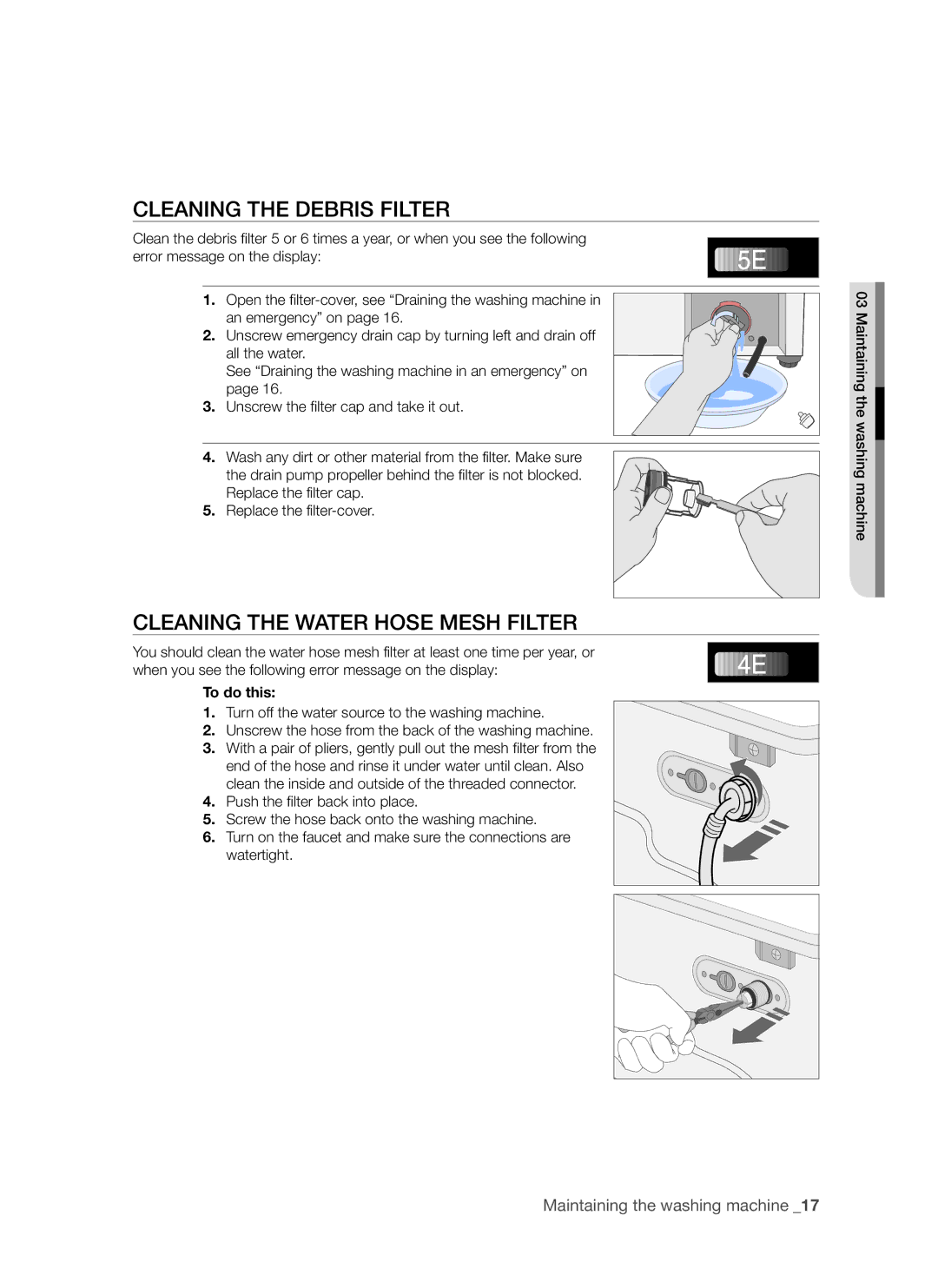 Samsung WF8452S9P/YLR, WF8522S9P/YLR manual Cleaning the Debris Filter, Cleaning the Water Hose Mesh Filter 