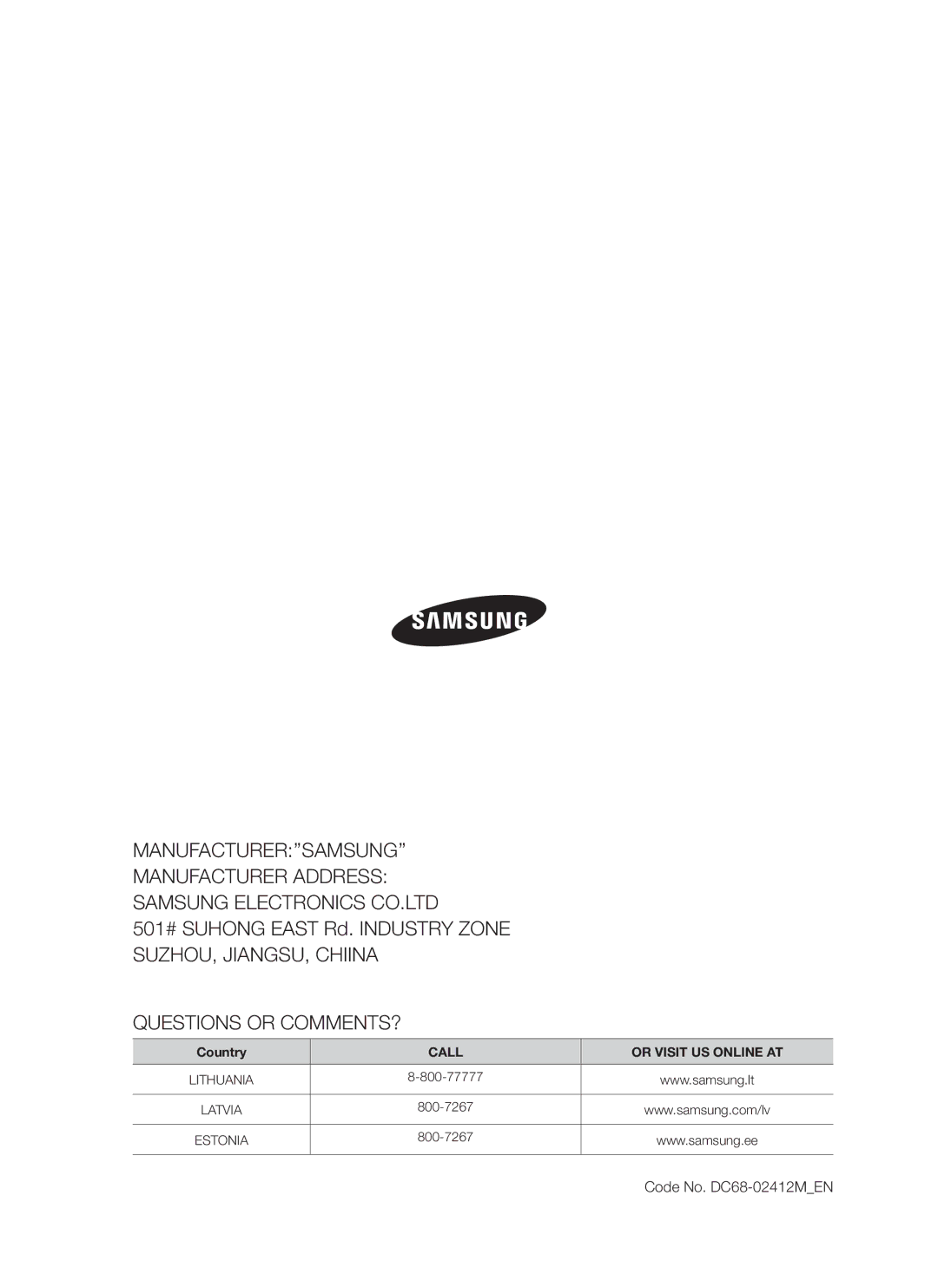 Samsung WF8522S9P/YLR, WF8452S9P/YLR manual Questions or COMMENTS?, Code No. DC68-02412MEN 