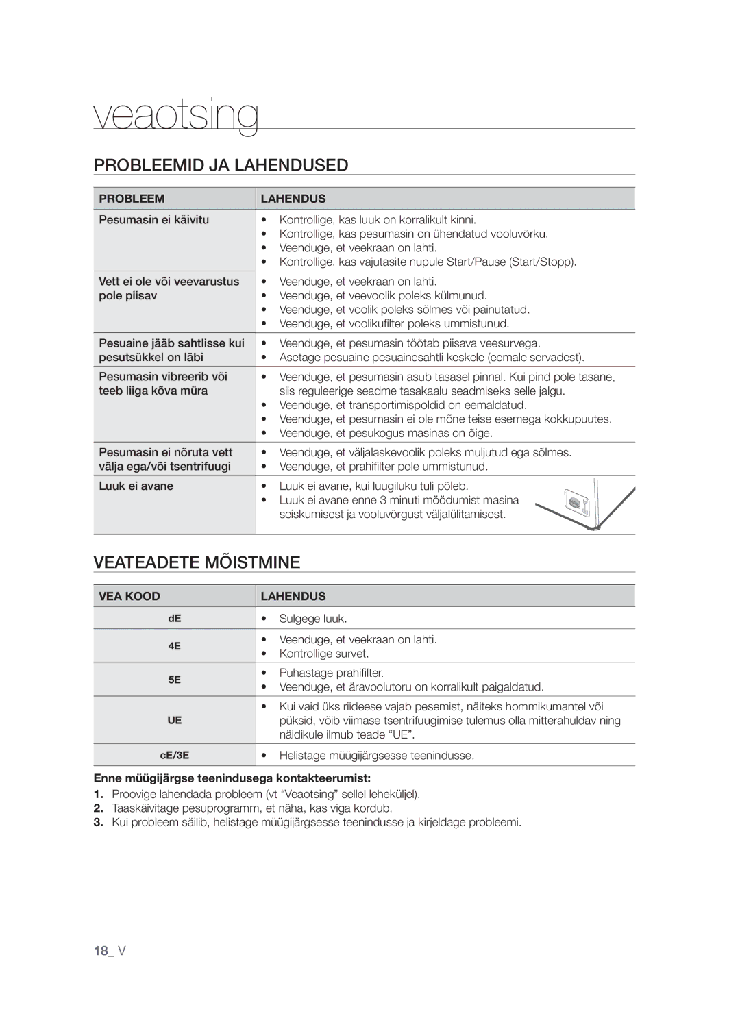 Samsung WF8522S9P/YLR, WF8452S9P/YLR manual Veaotsing, Probleemid JA Lahendused, Veateadete Mõistmine 