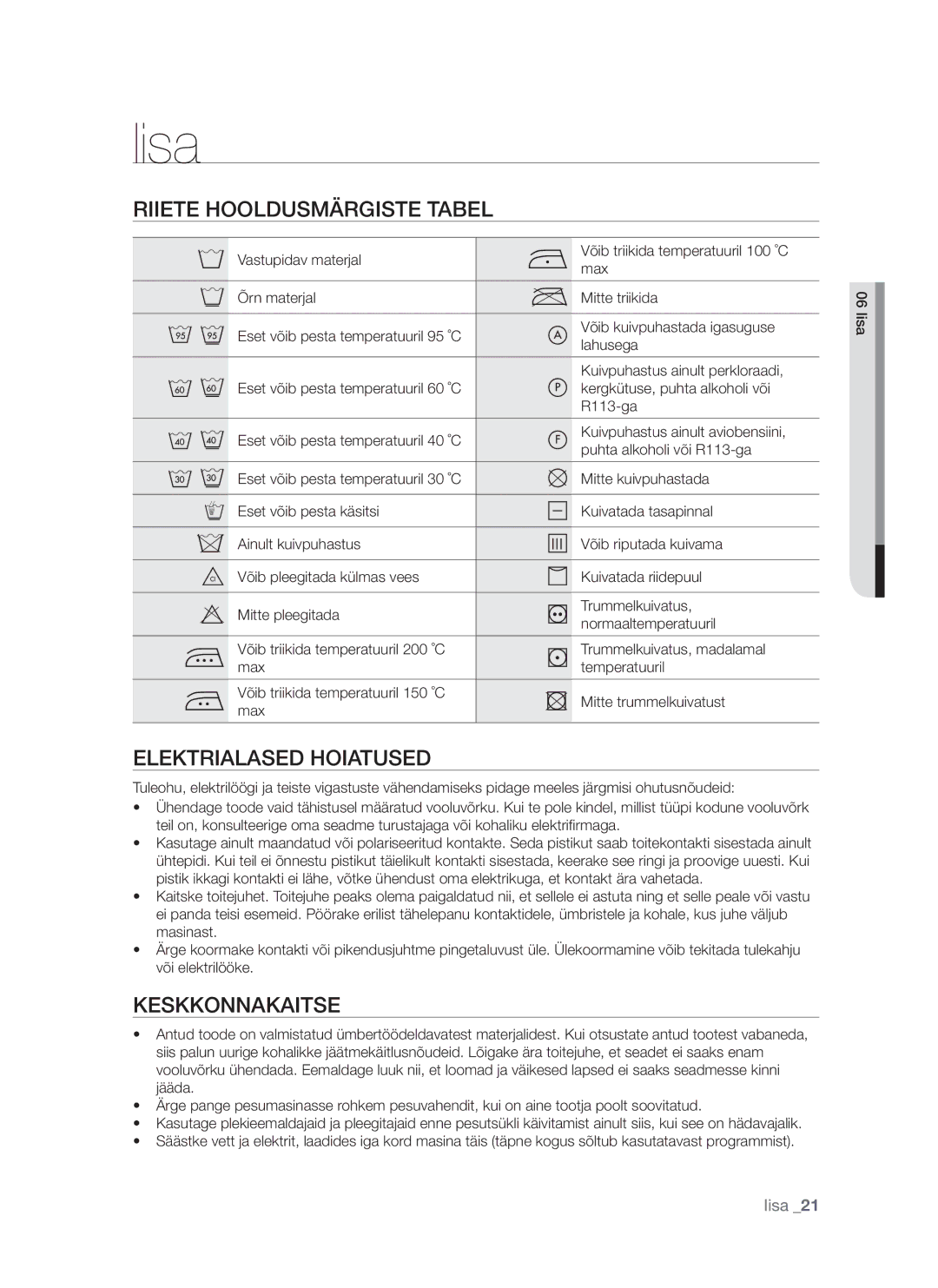 Samsung WF8452S9P/YLR, WF8522S9P/YLR manual Lisa, Riiete Hooldusmärgiste Tabel, Elektrialased Hoiatused, Keskkonnakaitse 