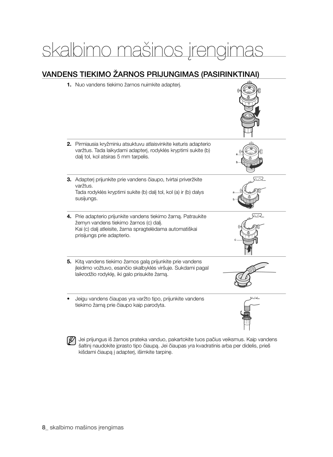 Samsung WF8522S9P/YLR, WF8452S9P/YLR manual Vandens Tiekimo Žarnos Prijungimas Pasirinktinai 