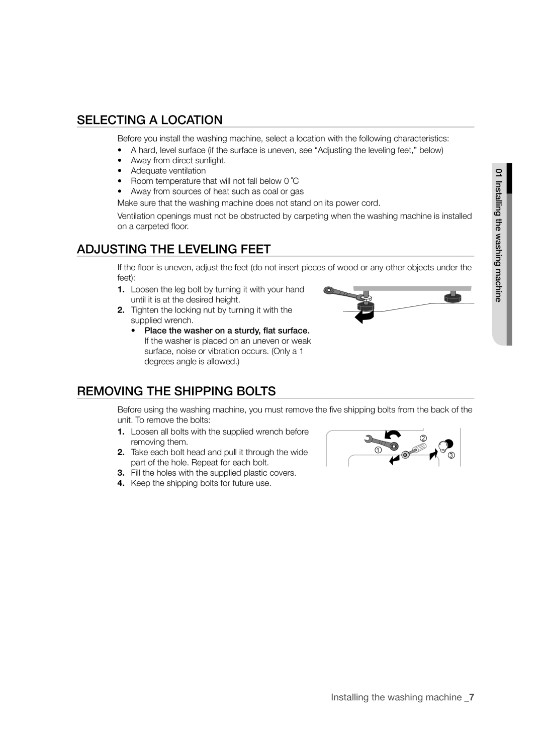 Samsung WF8452S9P/YLR, WF8522S9P/YLR manual Selecting a Location, Adjusting the Leveling Feet, Removing the Shipping Bolts 