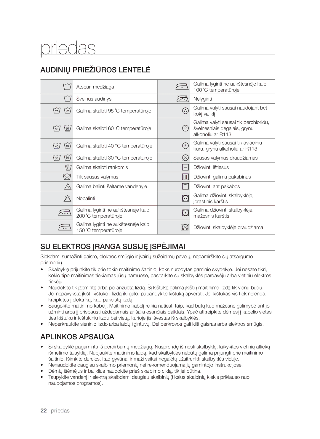 Samsung WF8522S9P/YLR manual Priedas, Audinių Priežiūros Lentelė, SU Elektros Įranga Susiję Įspėjimai, Aplinkos Apsauga 