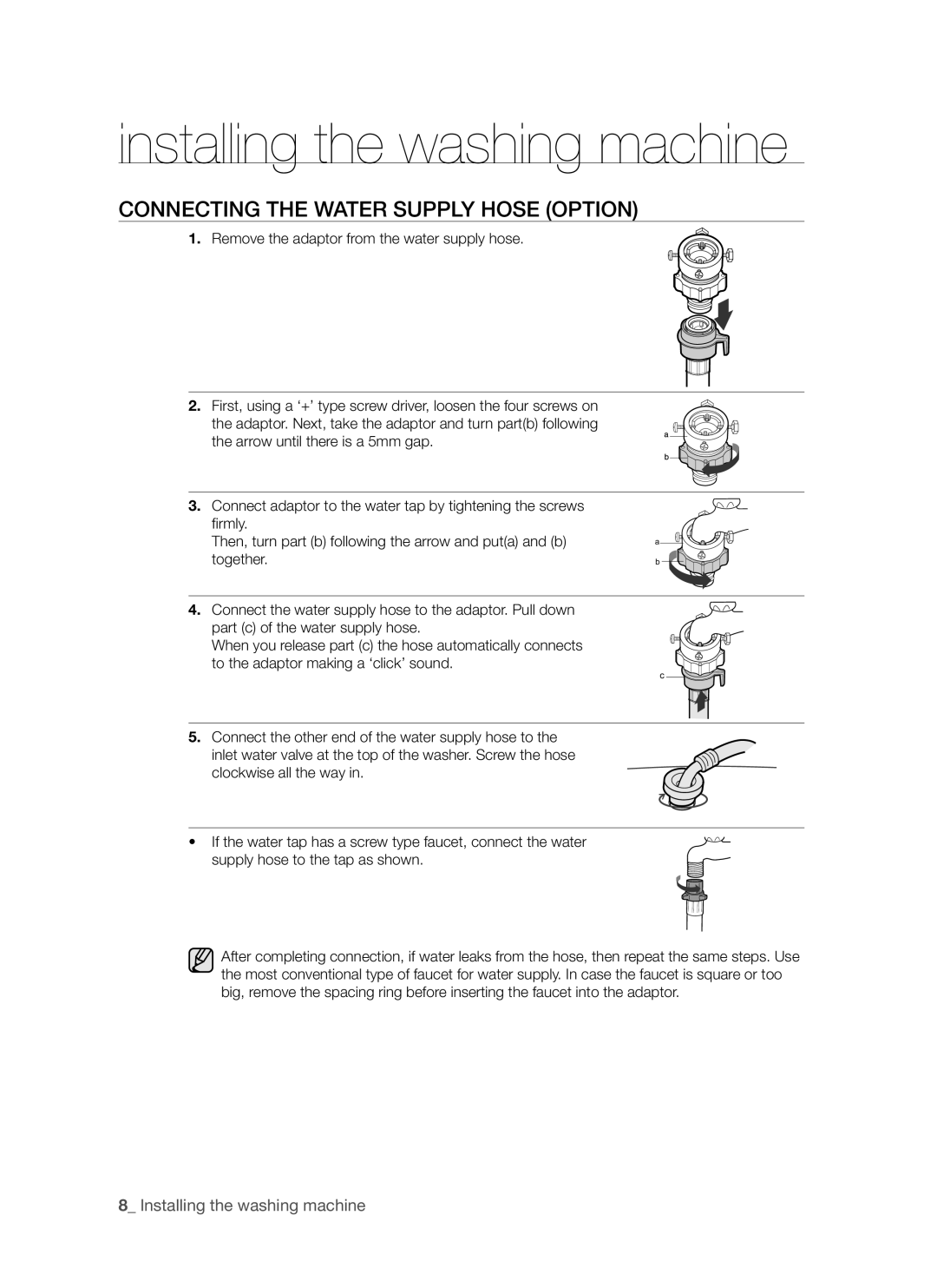 Samsung WF8522S9P/YLR, WF8452S9P/YLR manual Connecting the Water Supply Hose Option 