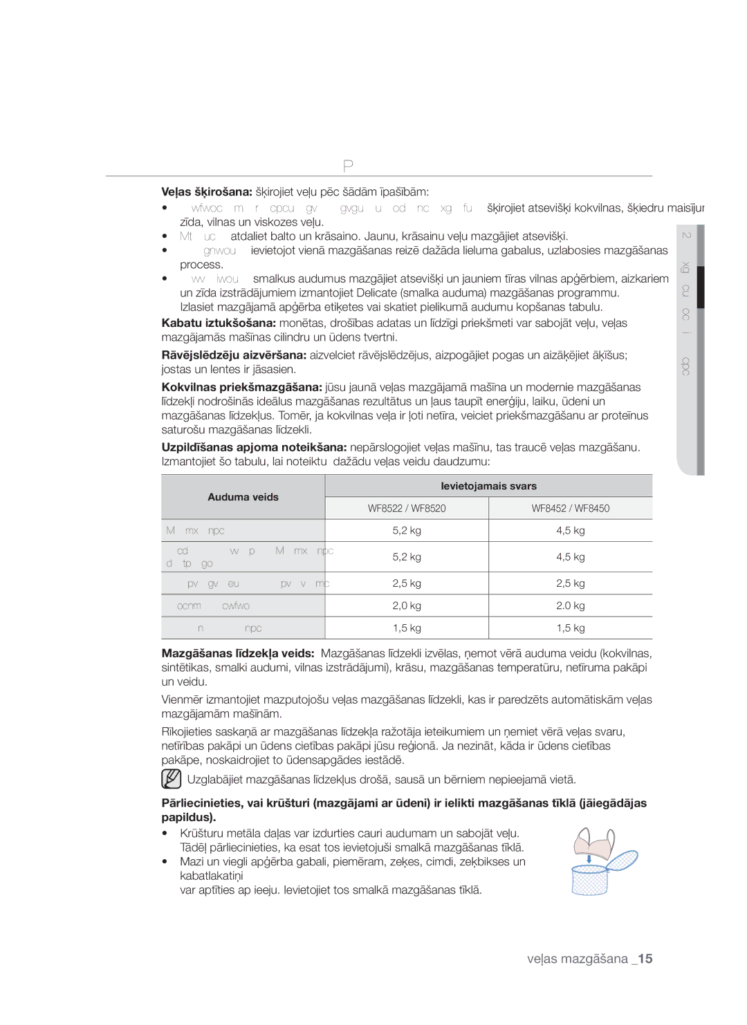 Samsung WF8452S9P/YLR, WF8522S9P/YLR manual Padomi Mazgāšanai, Auduma veids Ievietojamais svars 