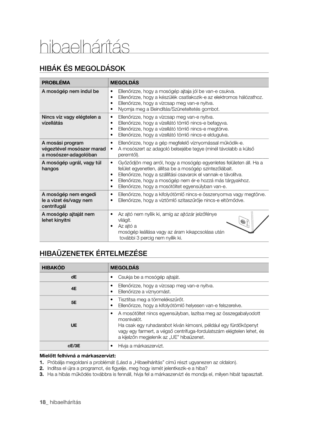 Samsung WF8522S9R/XEH manual Hibaelhárítás, Hibák ÉS Megoldások, Hibaüzenetek Értelmezése, Mielőtt felhívná a márkaszervizt 