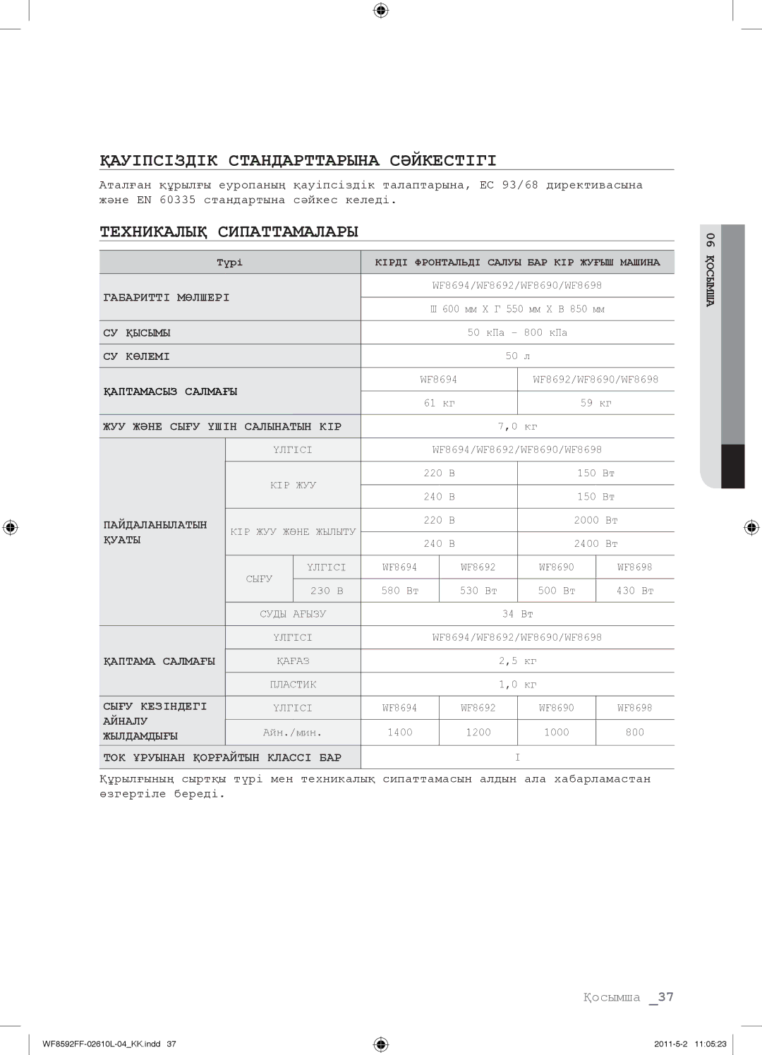 Samsung WF1590NFU/YLP, WF8590FFW/YLP, WF8590NFWDYLP manual Қауіпсіздік Стандарттарына Сəйкестігі, Техникалық Сипаттамалары 