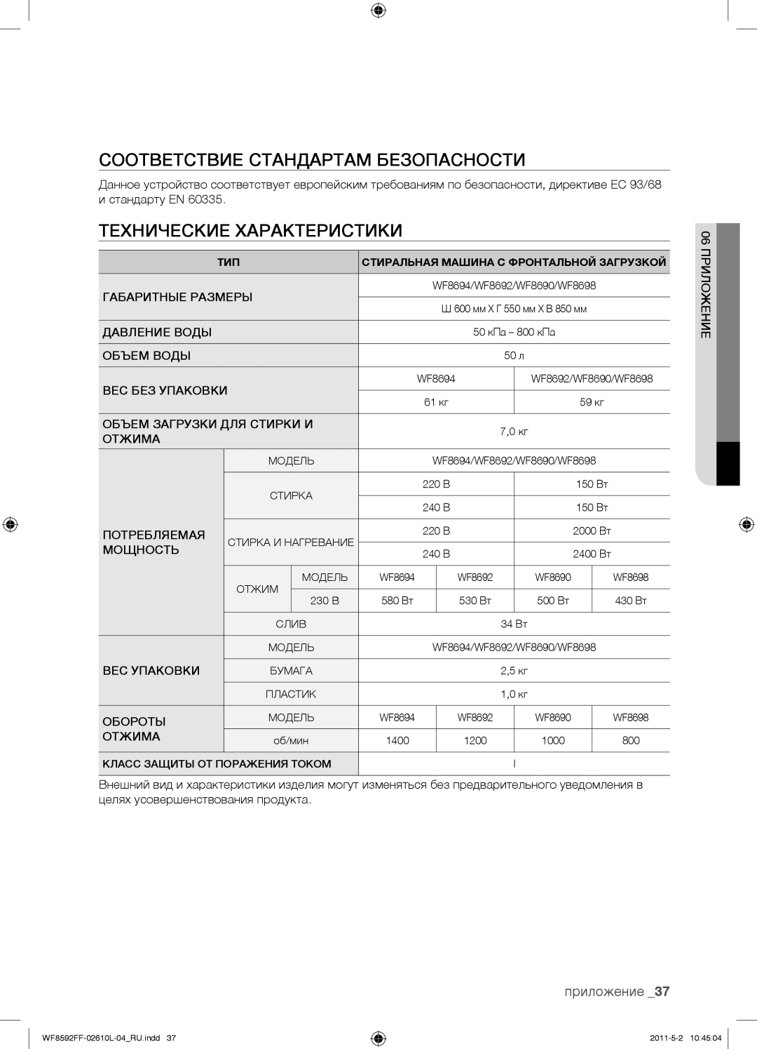 Samsung WF1590NFU/YLP, WF8590FFW/YLP manual Соответствие Стандартам Безопасности, Технические Характеристики, Приложение 