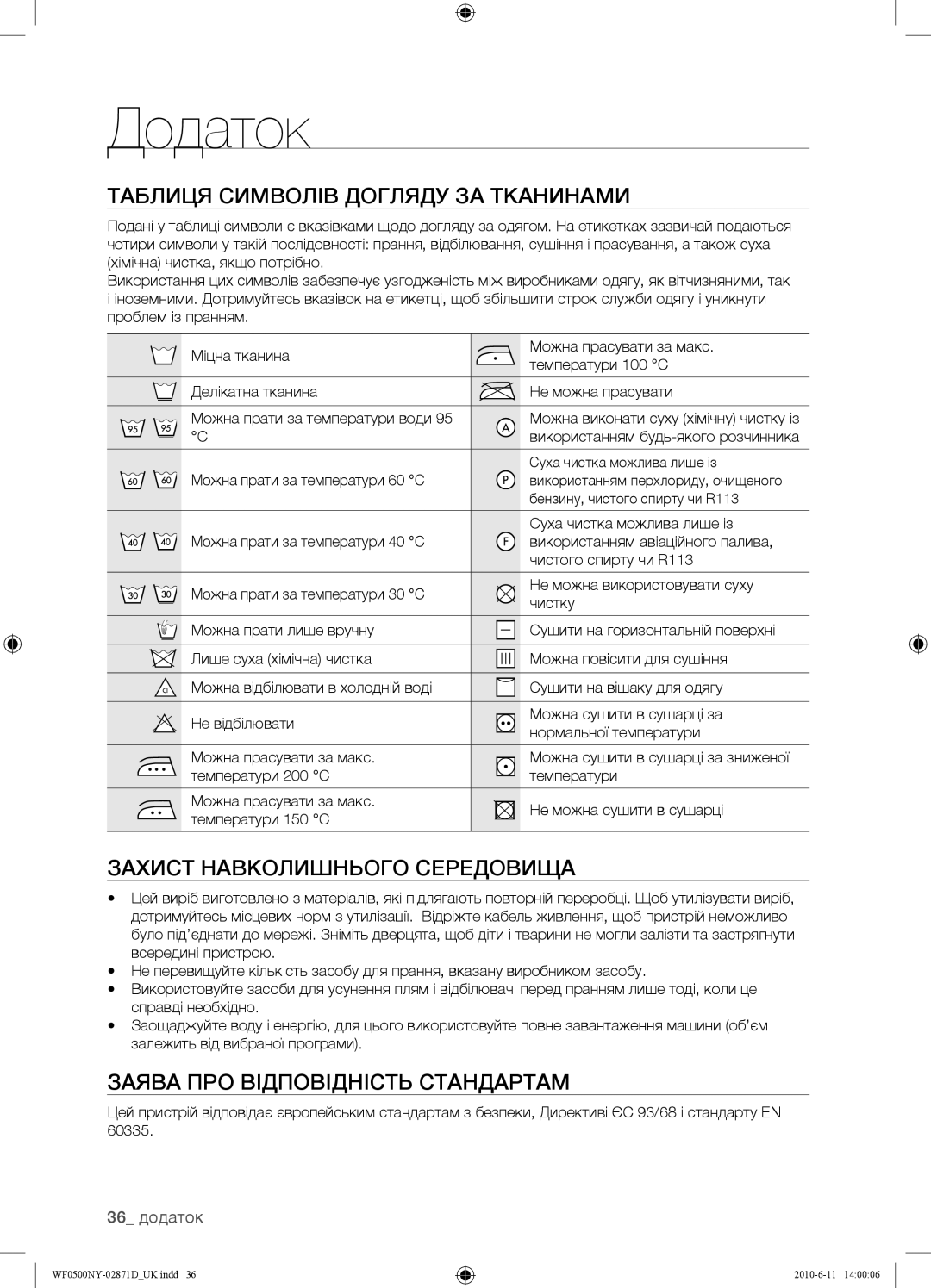 Samsung WF0600NBX/YLP manual Додаток, Таблиця Символів Догляду ЗА Тканинами, Захист Навколишнього Середовища, 36 додаток 