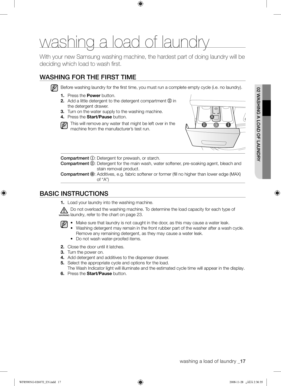 Samsung WF8620NGW/YLE, WF8590NGU/XSG manual Washing a load of laundry, Washing for the First Time, Basic Instructions 