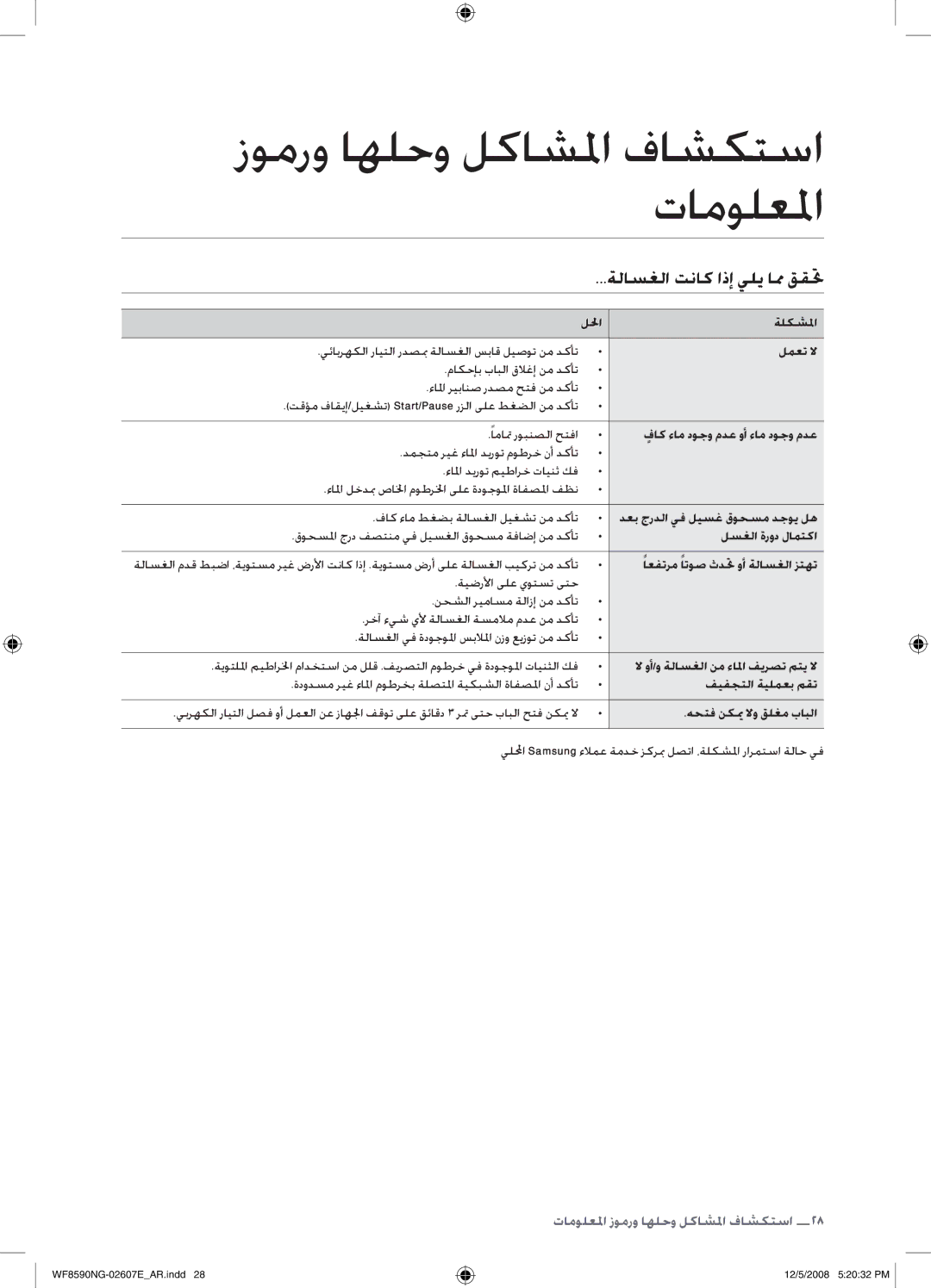 Samsung WF8590NGU/XSG manual ةلاسغلا تناك اذإ يلي امم ققتح, ةدودسم ريغ ءالما موطرخب ةلصتلما ةيكبشلا ةافصلما نأ دكأت 