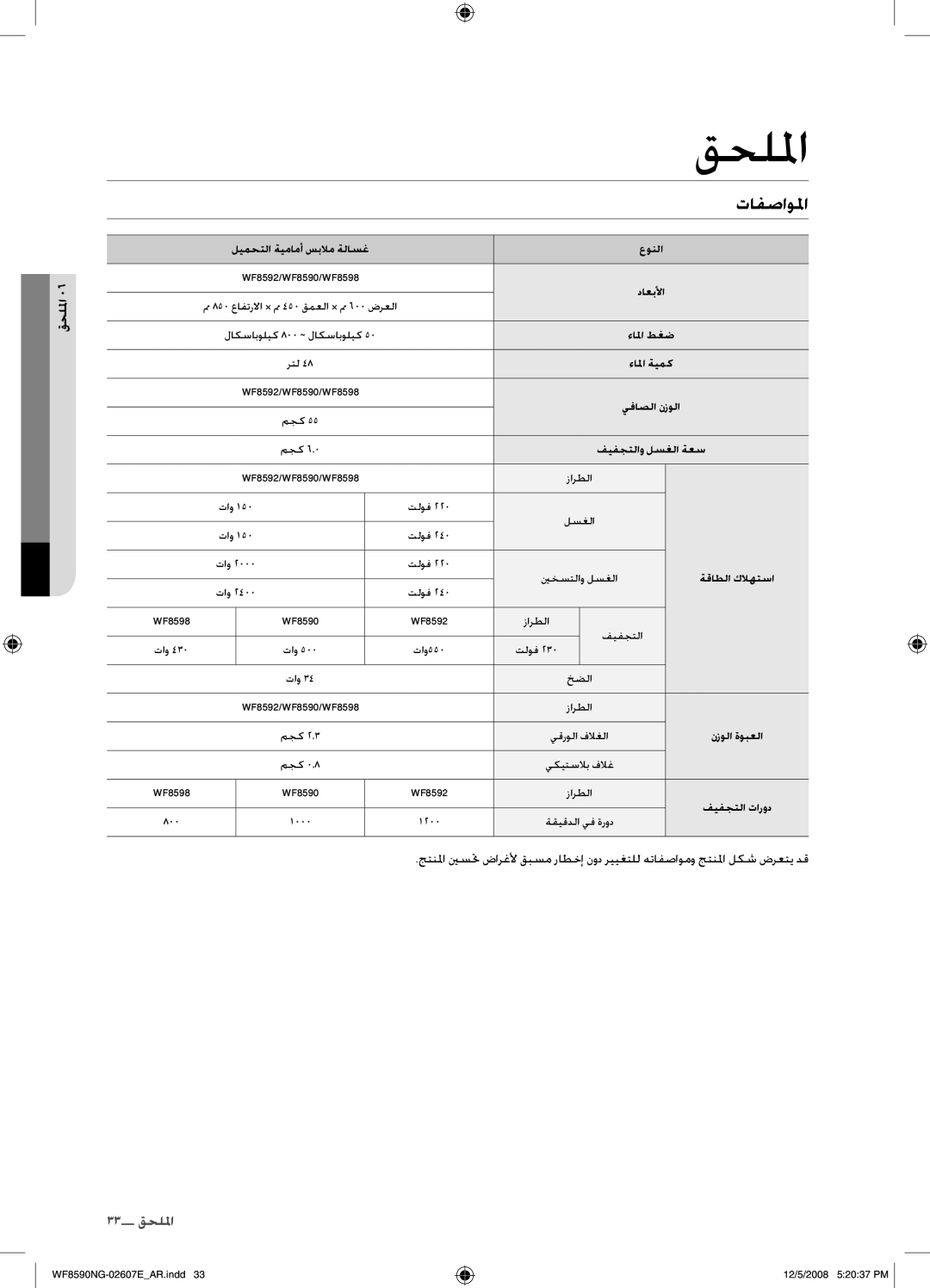 Samsung WF8620NGW/YLE, WF8590NGU/XSG manual 33 الملحس 