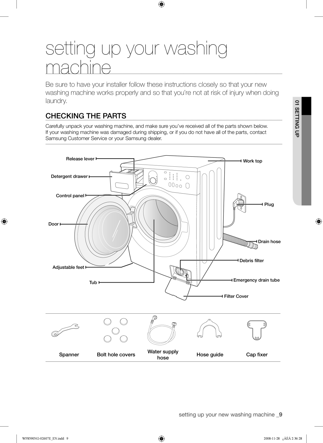 Samsung WF8620NGW/YLE, WF8590NGU/XSG manual Setting up your washing machine, Checking the Parts 