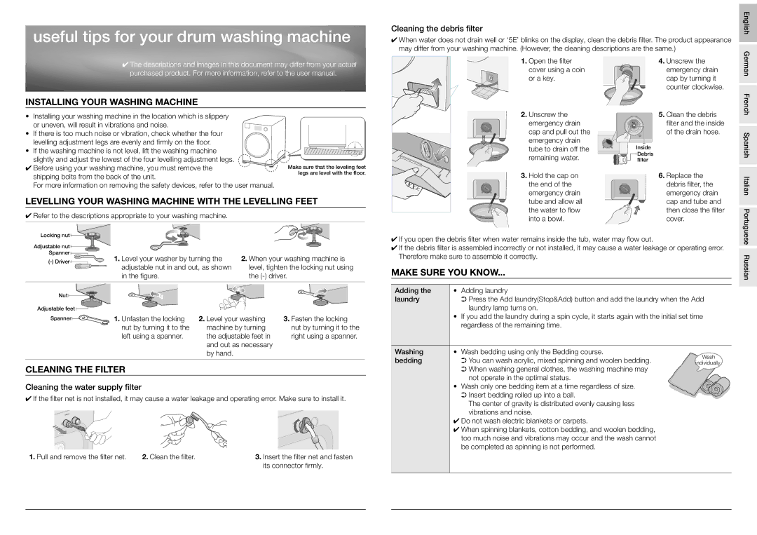 Samsung WF0602NCE/XET, WF8590NGY/YLP manual Useful tips for your drum washing machine, Installing Your Washing Machine 