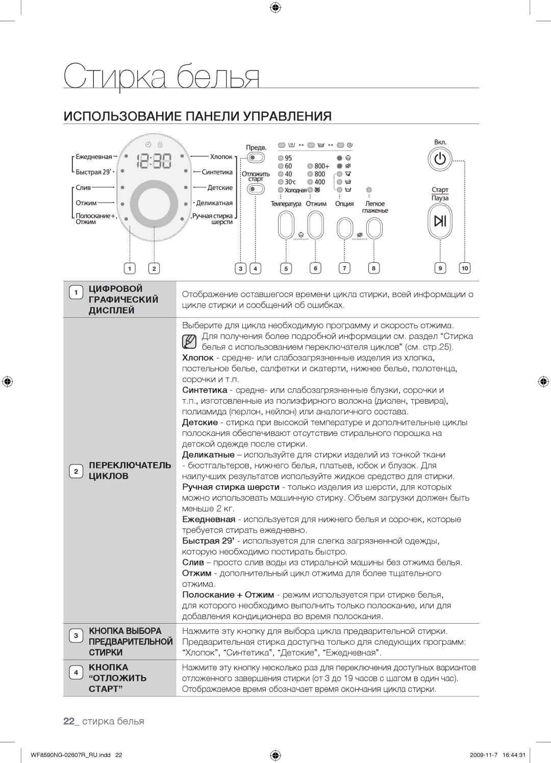 Samsung WF8590NMW9/YLP, WF8590NGY/YLP, WF8590NGV/YLP, WF8598NGW/YLP manual Использование Панели Управления, 22 стирка белья 