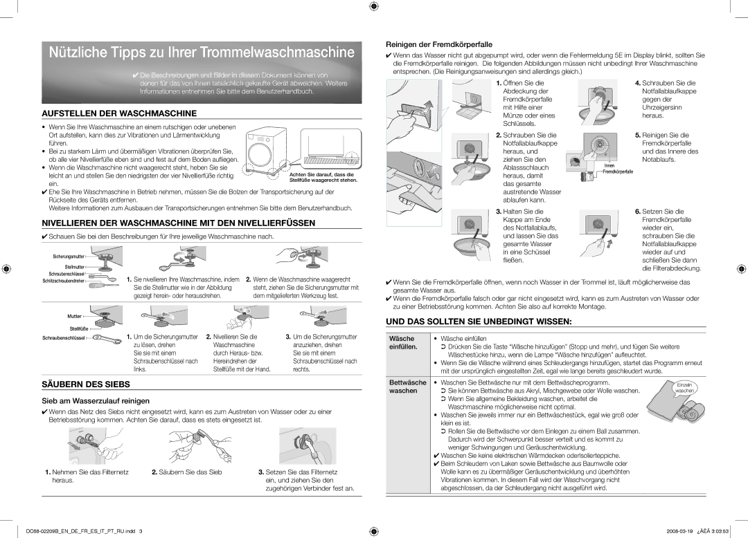 Samsung WD8702RJA/XEF manual Nützliche Tipps zu Ihrer Trommelwaschmaschine, Aufstellen DER Waschmaschine, Säubern DES Siebs 