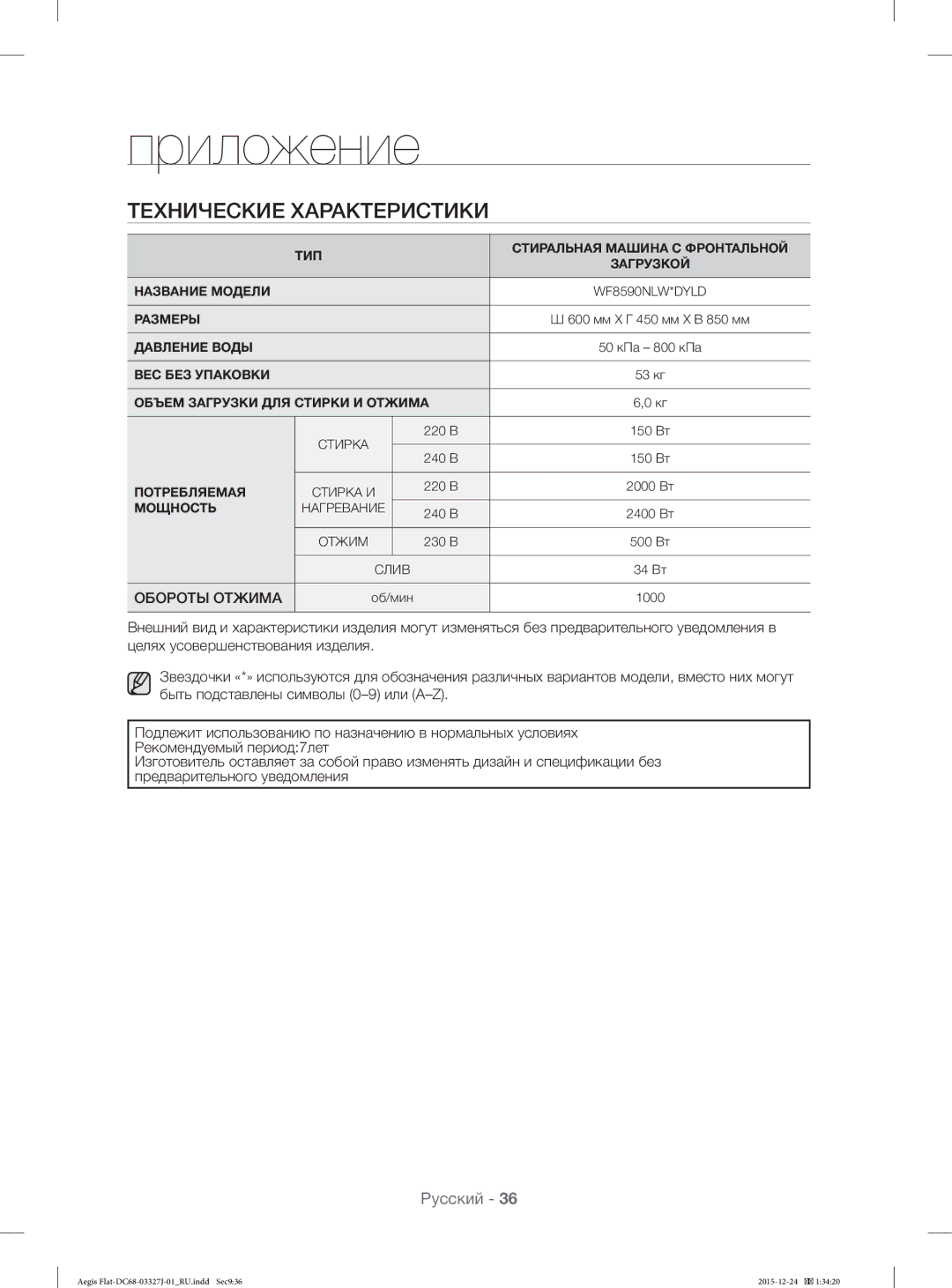 Samsung WF8590NLW9DYLD manual Технические Характеристики, Обороты Отжима 