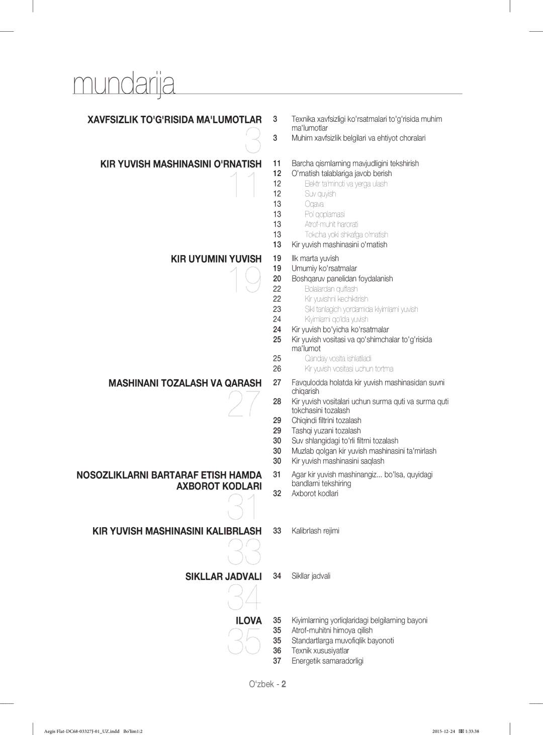 Samsung WF8590NLW9DYLD Mundarija, Xavfsizlik Togrisida Malumotlar, Nosozliklarni Bartaraf Etish Hamda Axborot Kodlari 