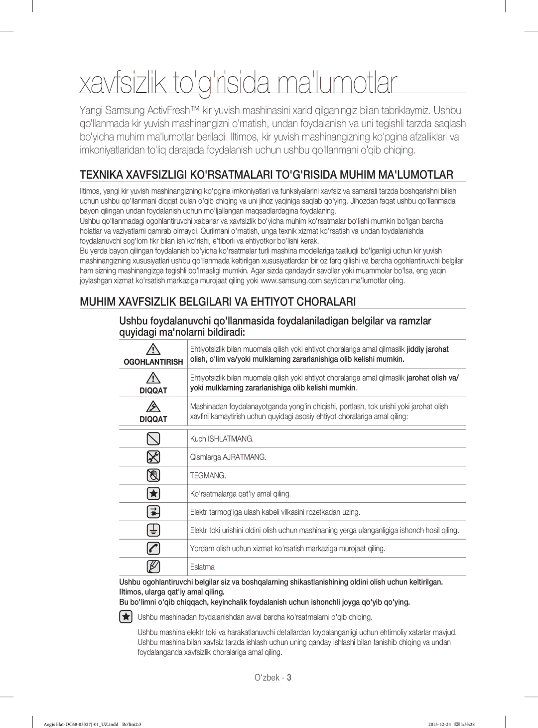 Samsung WF8590NLW9DYLD manual Xavfsizlik togrisida malumotlar, Texnika Xavfsizligi Korsatmalari Togrisida Muhim Malumotlar 