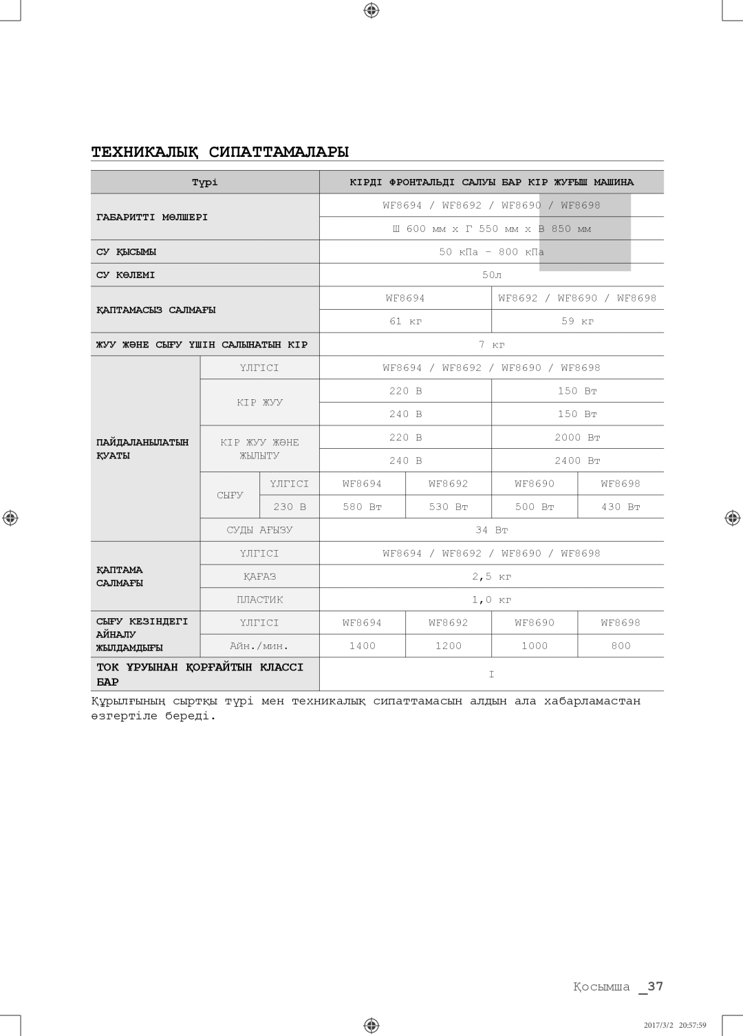 Samsung WF8590NMS/YLP, WF8590NMW9/YLP manual Техникалық Сипаттамалары, СУ Көлемі 