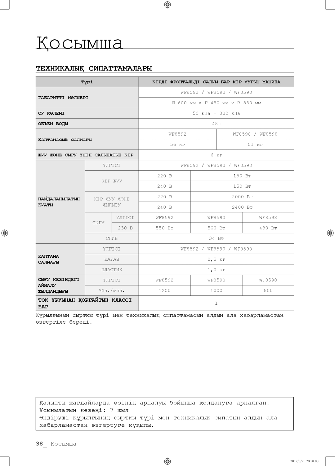 Samsung WF8590NMW9/YLP, WF8590NMS/YLP manual Техникалық сипаттамалары 