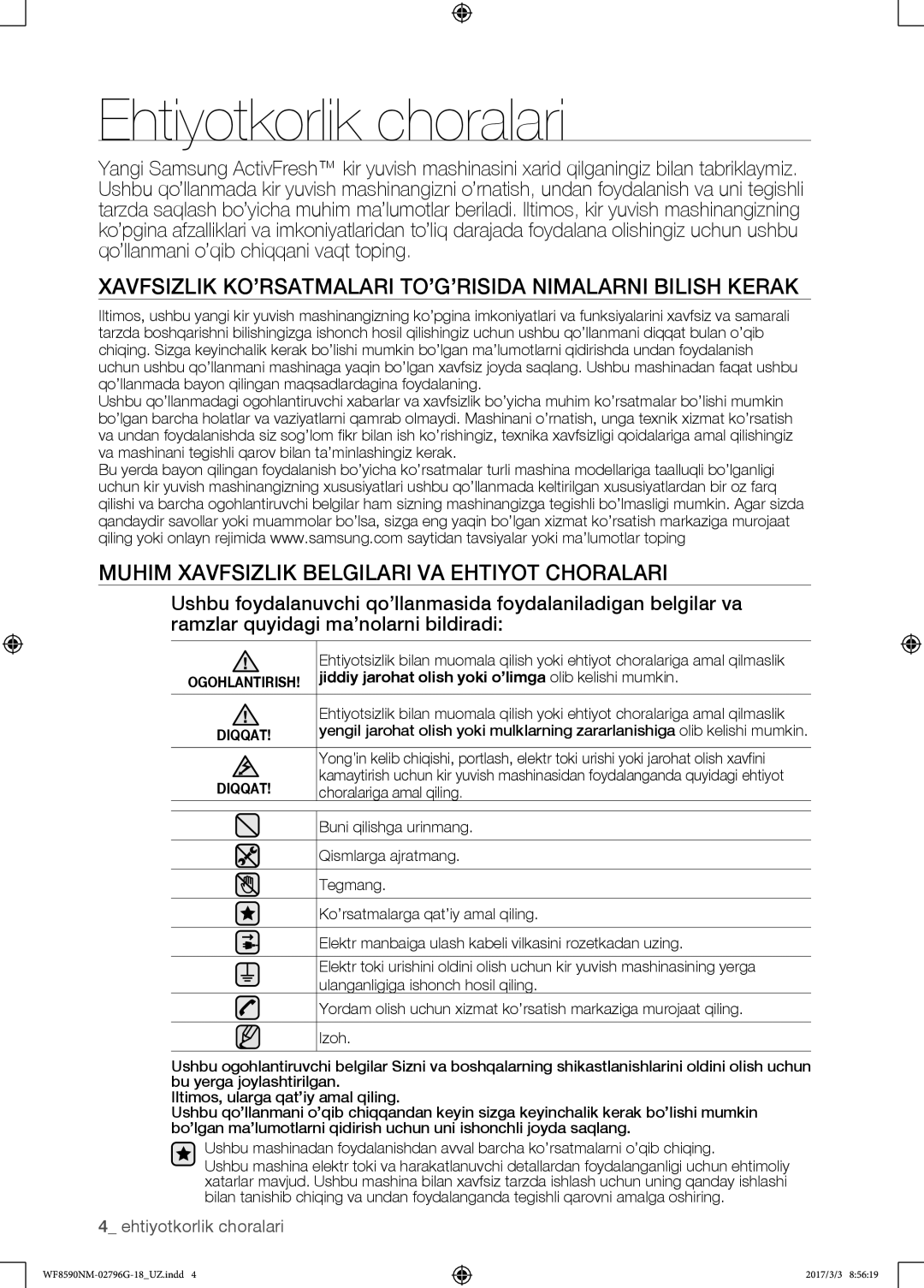 Samsung WF8590NMW9/YLP, WF8590NMS/YLP manual Ehtiyotkorlik choralari, Choralariga amal qiling 