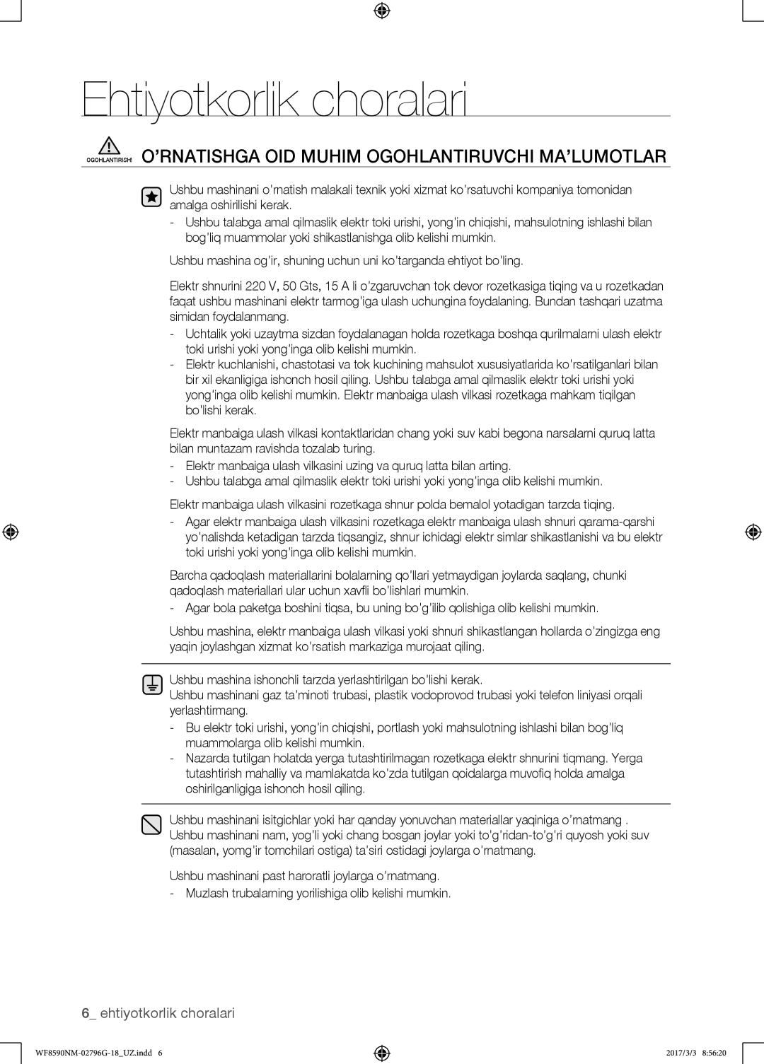 Samsung WF8590NMW9/YLP, WF8590NMS/YLP manual Ehtiyotkorlik choralari 