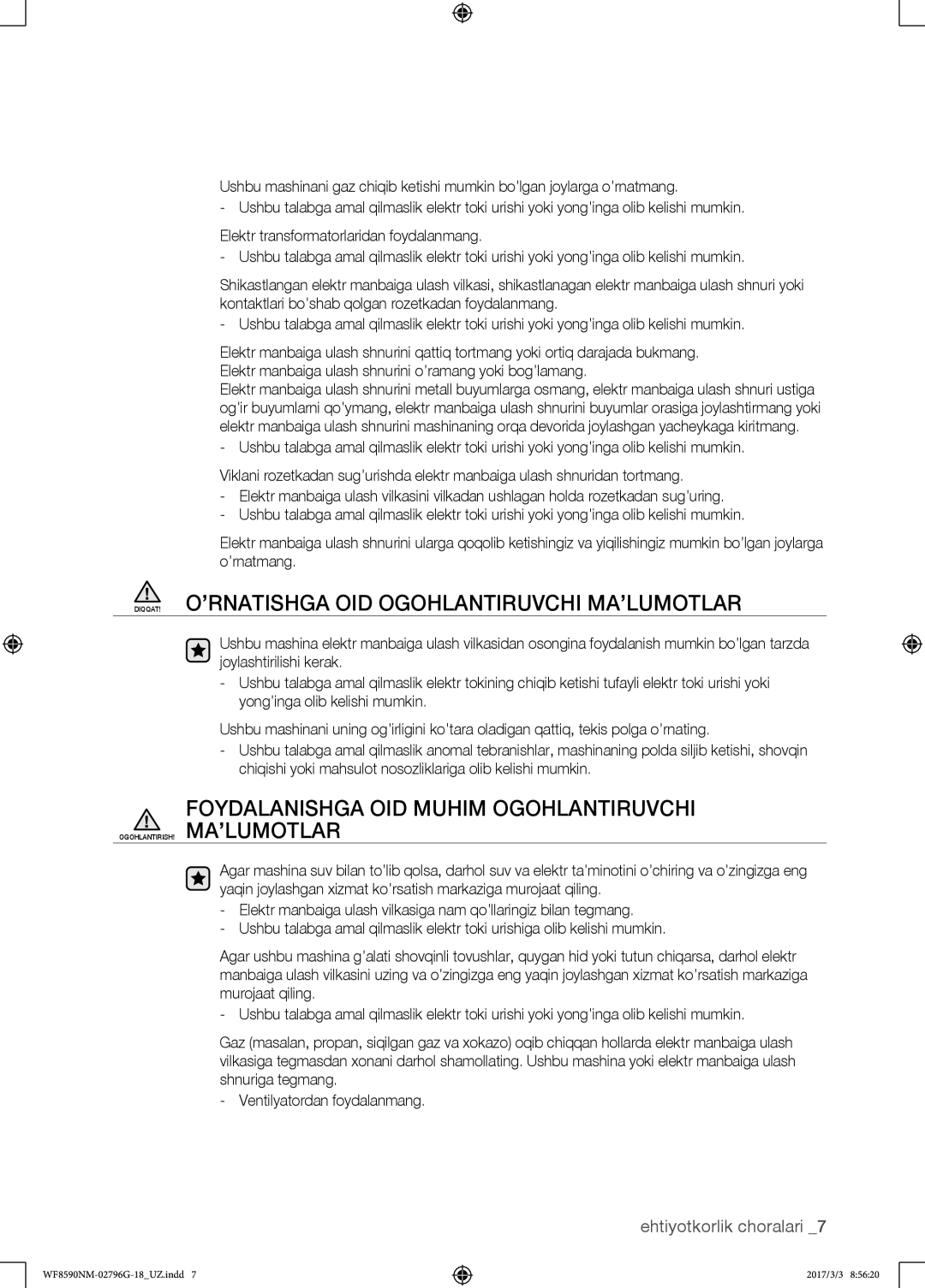 Samsung WF8590NMS/YLP, WF8590NMW9/YLP manual DIQQAT! O’RNATISHGA OID Ogohlantiruvchi MA’LUMOTLAR 