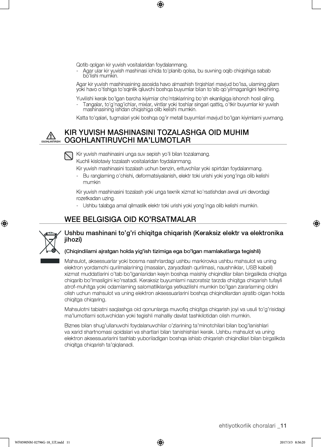 Samsung WF8590NMS/YLP, WF8590NMW9/YLP manual WEE Belgisiga OID KO’RSATMALAR 