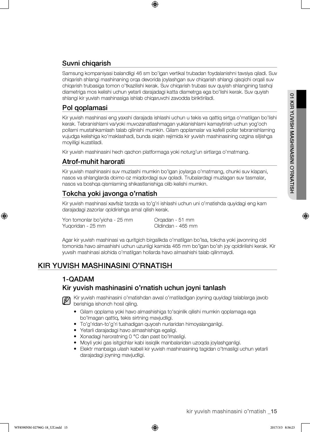 Samsung WF8590NMS/YLP, WF8590NMW9/YLP manual Kir yuvish mashinasini o’rnatish 