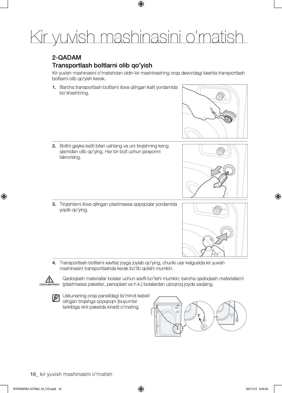 Samsung WF8590NMW9/YLP, WF8590NMS/YLP manual Transportlash boltlarni olib qo’yish 