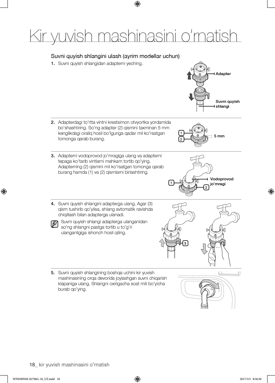 Samsung WF8590NMW9/YLP manual Suvni quyish shlangini ulash ayrim modellar uchun, Suvni quyish shlangidan adapterni yeching 