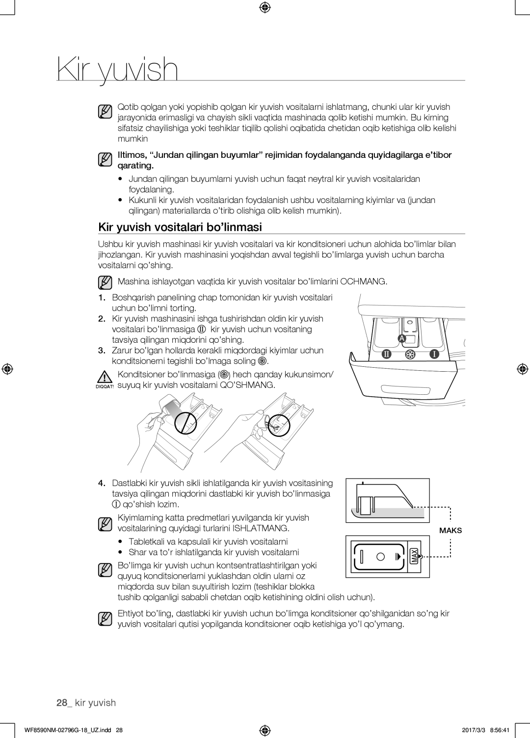 Samsung WF8590NMW9/YLP, WF8590NMS/YLP manual Kir yuvish vositalari bo’linmasi 