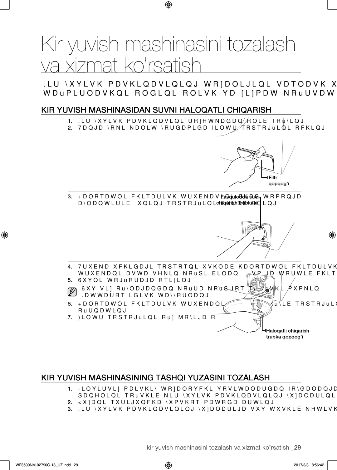 Samsung WF8590NMS/YLP Kir yuvish mashinasidan suvni haloqatli chiqarish, Kir yuvish mashinasining tashqi yuzasini tozalash 