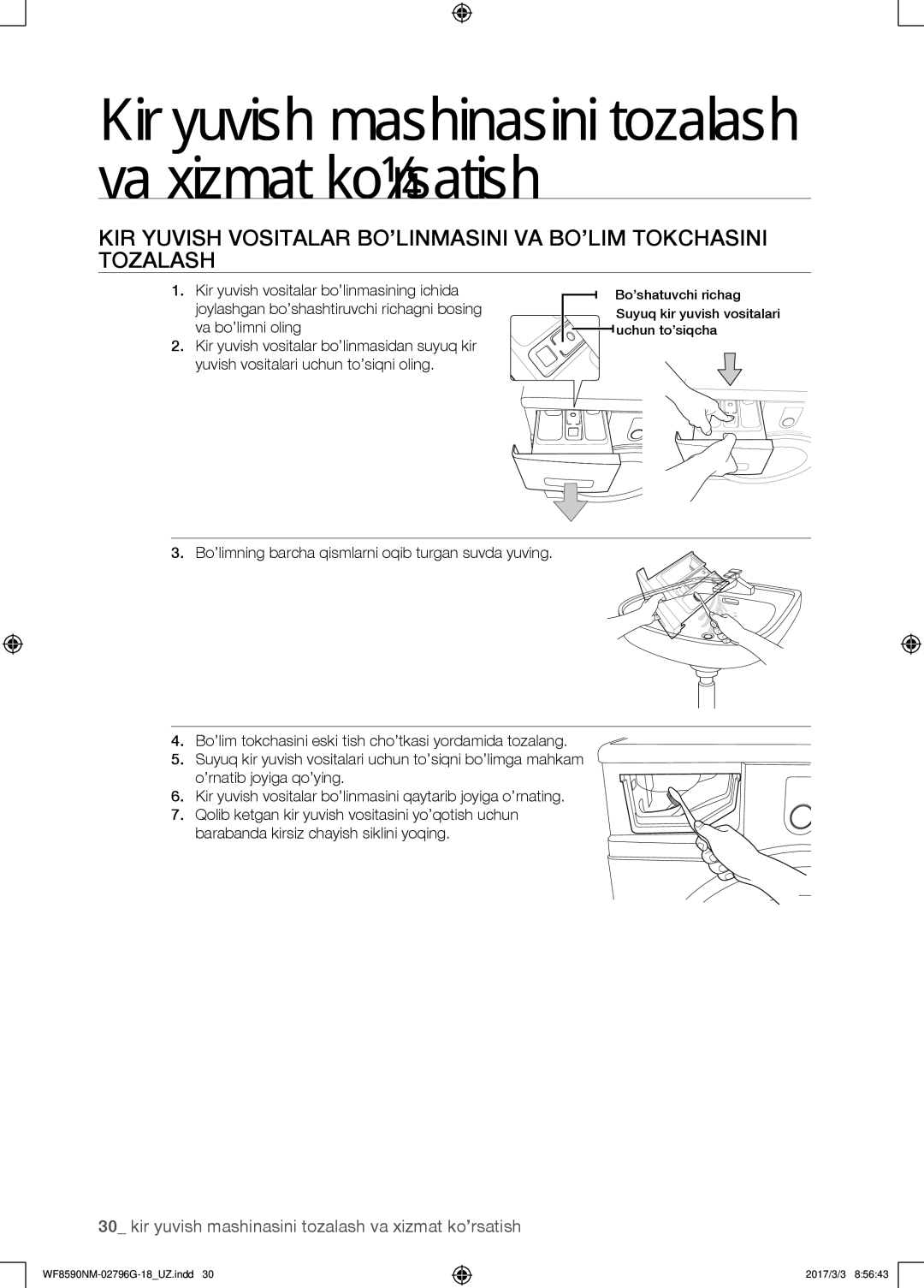 Samsung WF8590NMW9/YLP, WF8590NMS/YLP manual Kir yuvish mashinasini tozalash va xizmat ko’rsatish 