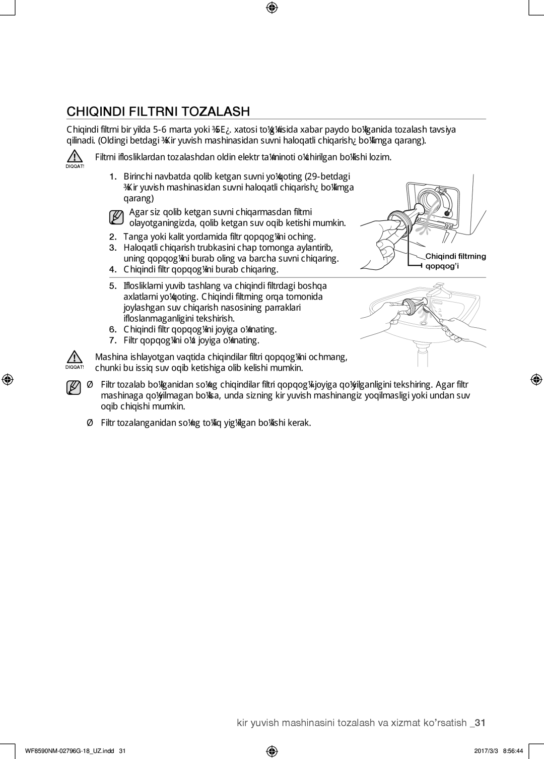 Samsung WF8590NMS/YLP, WF8590NMW9/YLP manual Chiqindi filtrni tozalash, Chiqindi filtr qopqog’ini burab chiqaring 