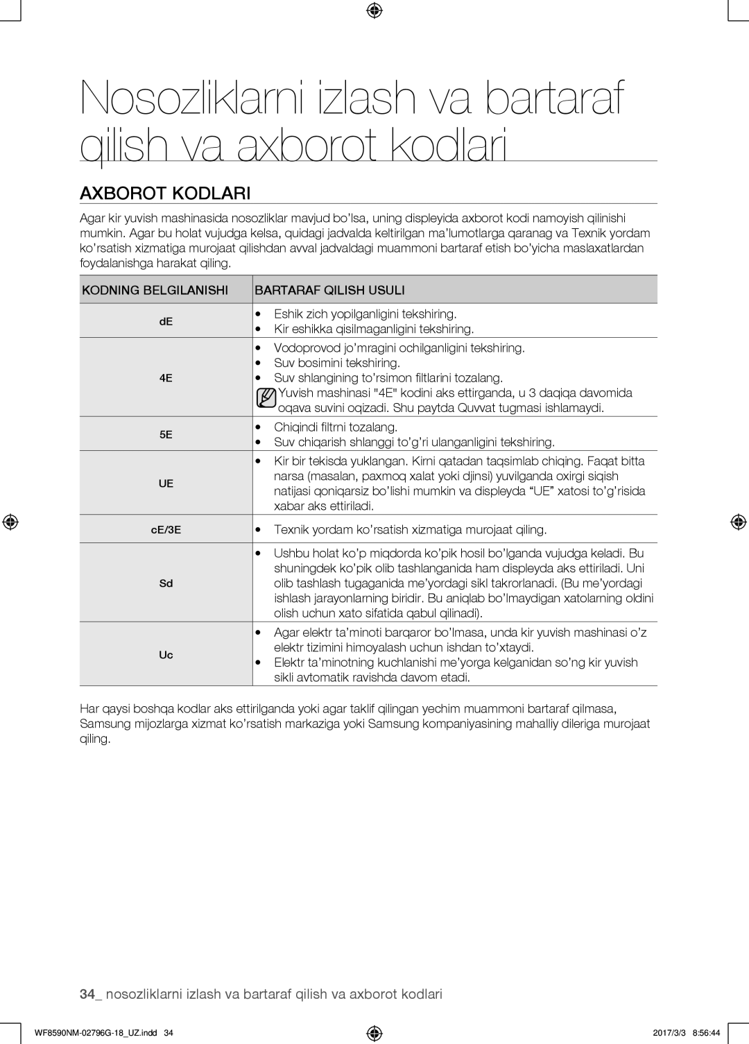 Samsung WF8590NMW9/YLP, WF8590NMS/YLP manual Axborot kodlari, Kodning Belgilanishi Bartaraf Qilish Usuli 