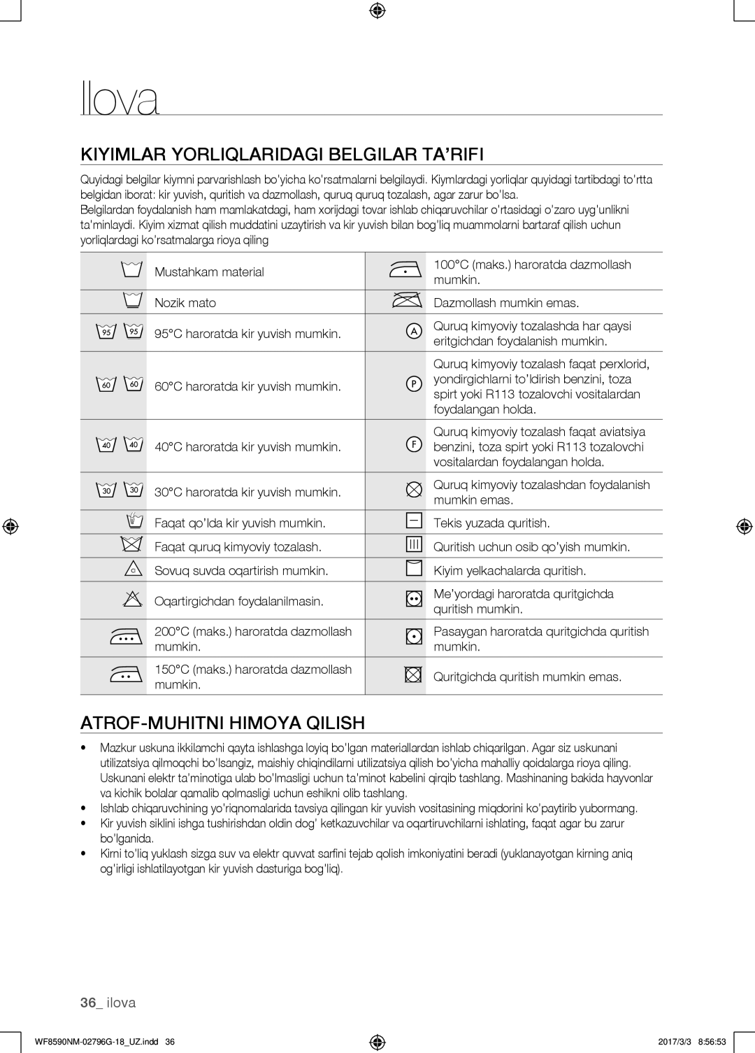 Samsung WF8590NMW9/YLP, WF8590NMS/YLP manual Ilova, Kiyimlar yorliqlaridagi belgilar ta’rifi, Atrof-muhitni himoya qilish 