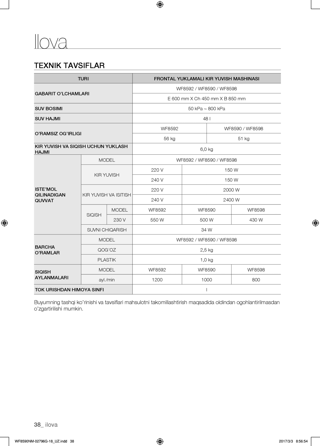 Samsung WF8590NMW9/YLP, WF8590NMS/YLP manual Barcha QOG’OZ ’RAMLAR 