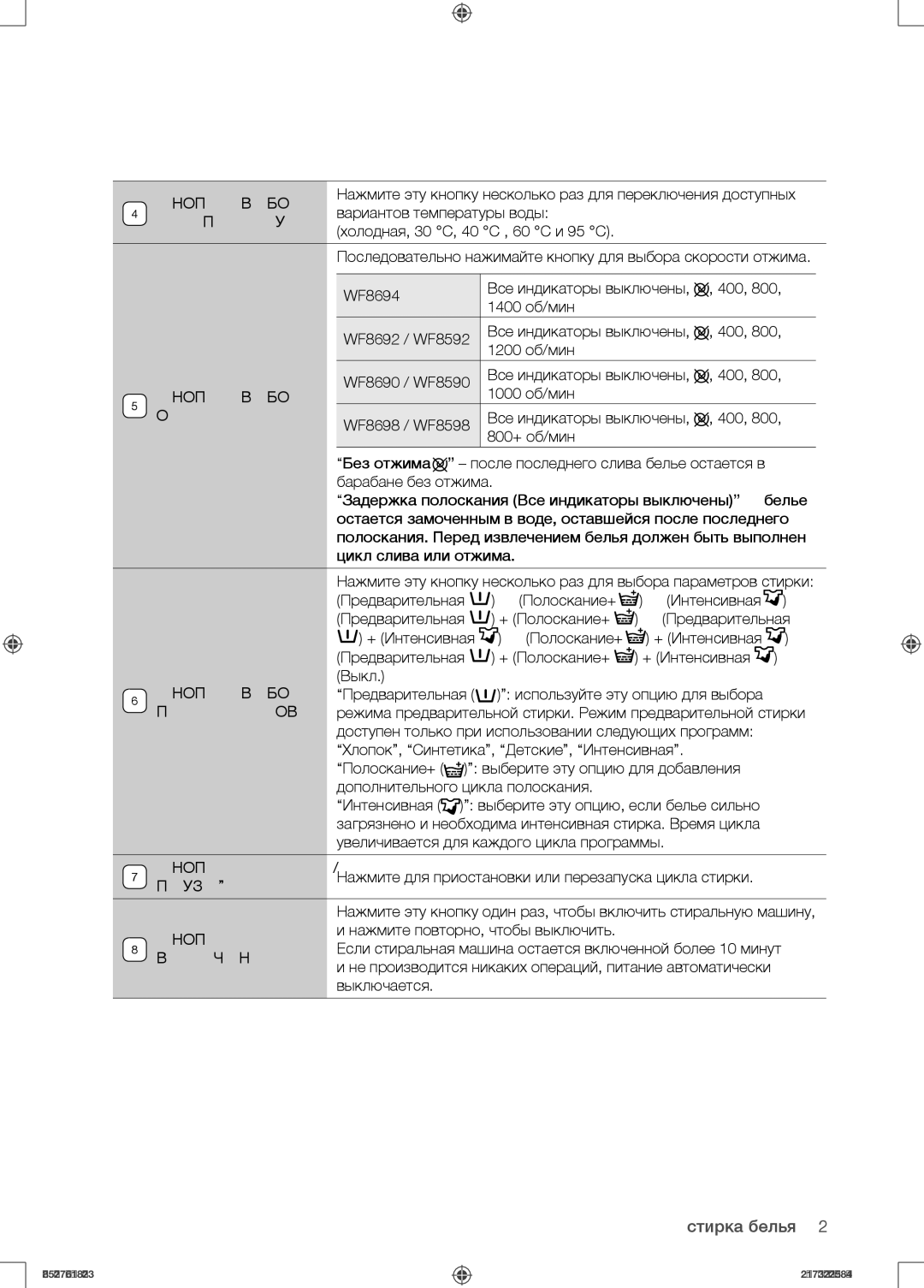 Samsung WF8590NMS/YLP manual Кнопка Выбора, Температуры, Отжима, Параметров, Стирки, Кнопка Старт, Пауза, Включения 