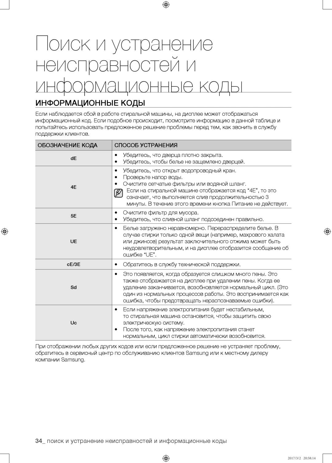 Samsung WF8590NMW9/YLP, WF8590NMS/YLP manual Информационные коды, Обозначение Кода Способ Устранения 