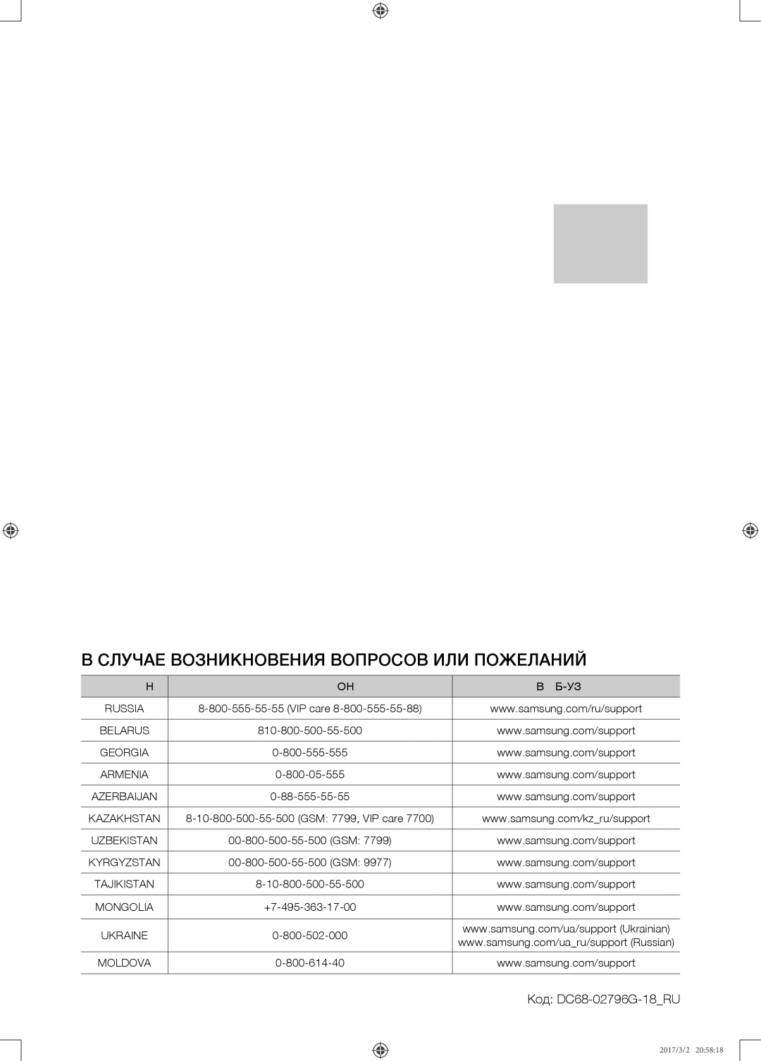 Samsung WF8590NMW9/YLP, WF8590NMS/YLP manual Случае Возникновения Вопросов ИЛИ Пожеланий, Код DC68-02796G-18RU 