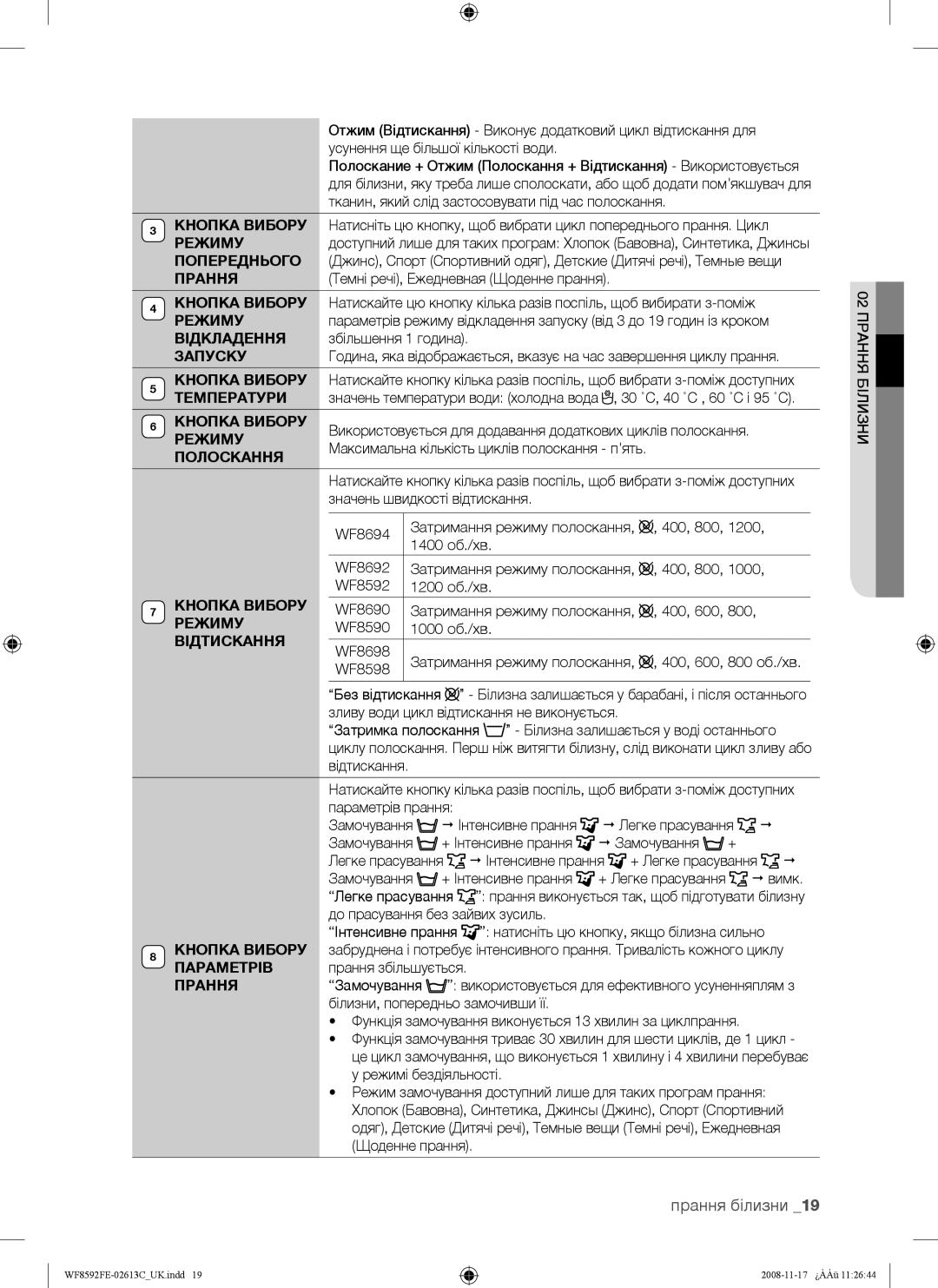 Samsung WF8690FEA/YLP manual Режиму, Попереднього, Прання, Відкладення, Запуску, Кнопка Вибору, Температури, Полоскання 